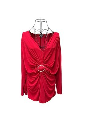 ONE WEST Red Long-Sleeve Twist Front Top with Decorative Ring 3X